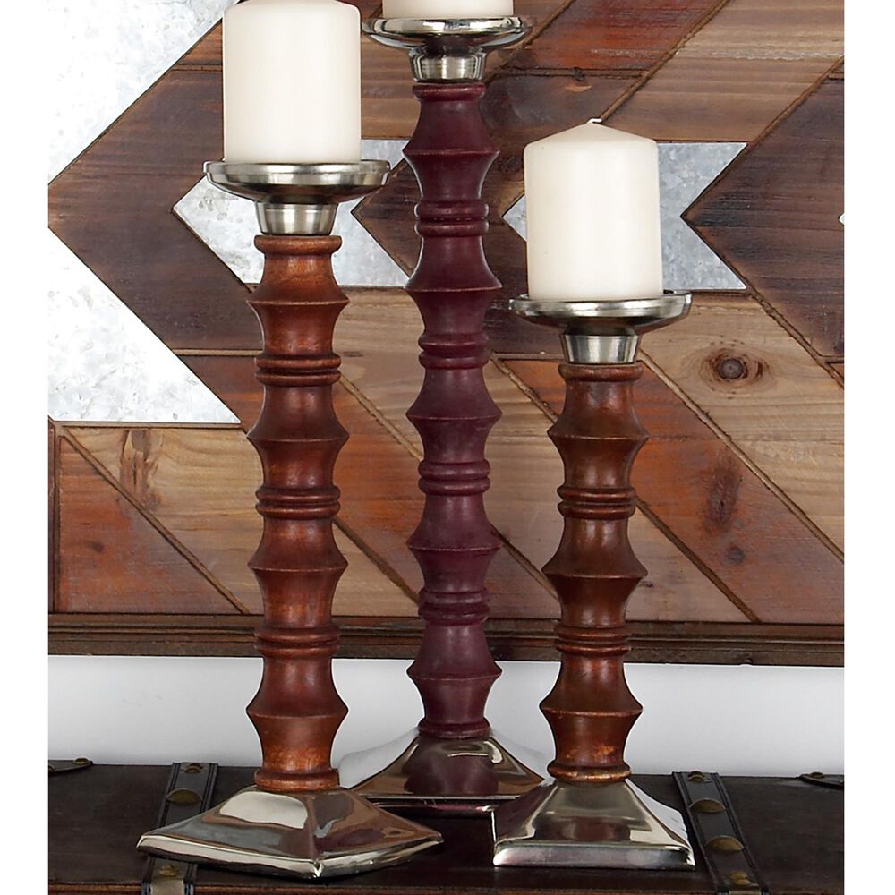 Maple and Jade Mango Wood Candle Holder in Brown and Silver &#40;Set of 3&#41;, , large