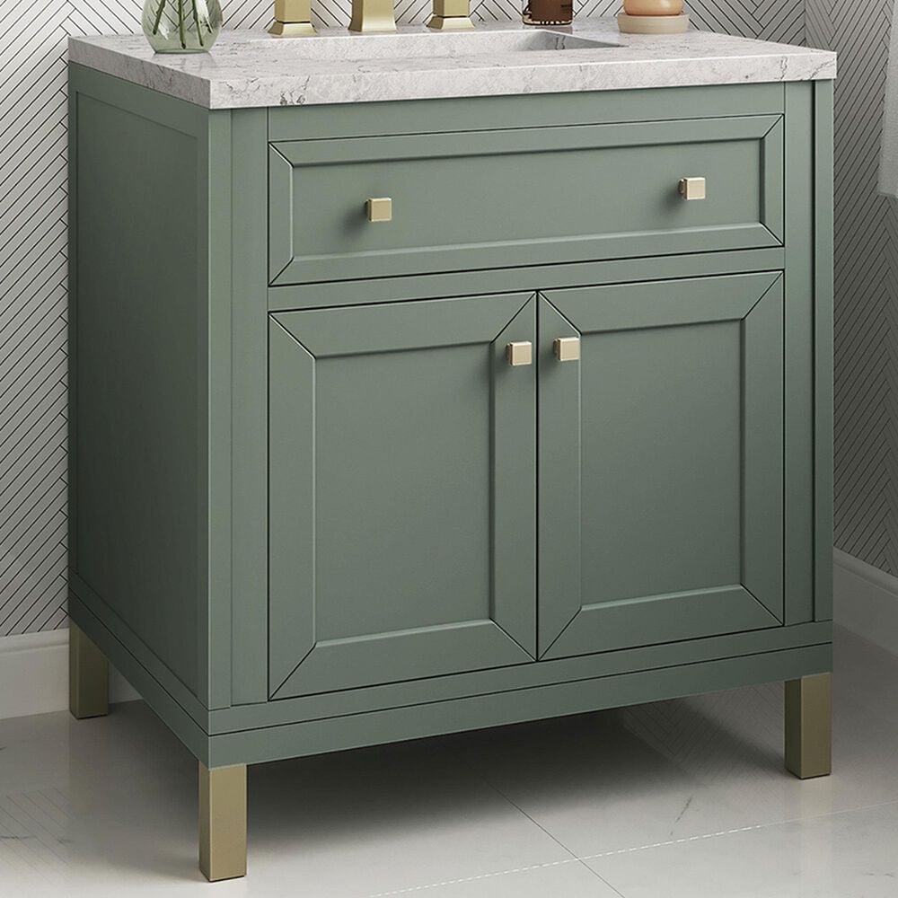 James Martin Vanities Chicago 30&quot; Single Bathroom Vanity in Smokey Celadon with 3 cm Eternal Jasmine Pearl Quartz Top and Rectangular Sink, , large