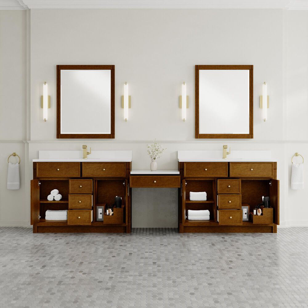 James Martin Vanities Bellshire 120" Dual Bathroom Vanity Set in Honey Oak with Single Hole 3 cm White Zeus Quartz Top and Rectangular Sinks, , large