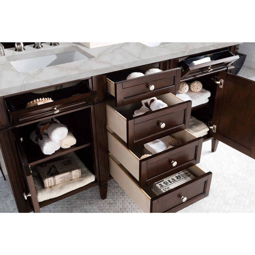 James Martin Vanities Brittany 60" Double Bathroom Vanity in Burnished Mahogany with 3 cm Eternal Jasmine Pearl Silestone Top, Rectangular Sinks and FreePower Wireless Charger, , large