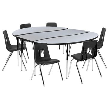 Flash Furniture Emmy 9-Piece 86" Oval Wave Activity Table Set with 18" Student Stack Chairs in Gray, Black and Chrome, , large