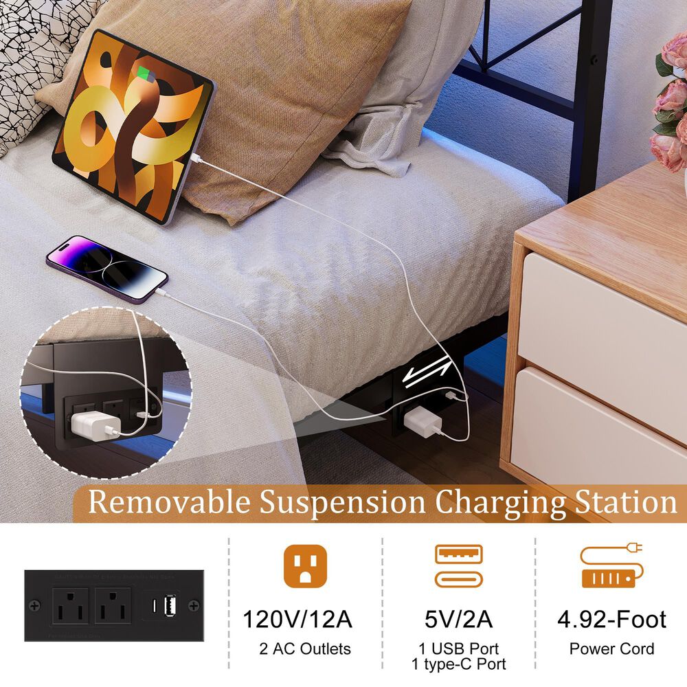 Homlux Twin Floating Bed Frame with LED Headboard and Charging Station in Black, , large
