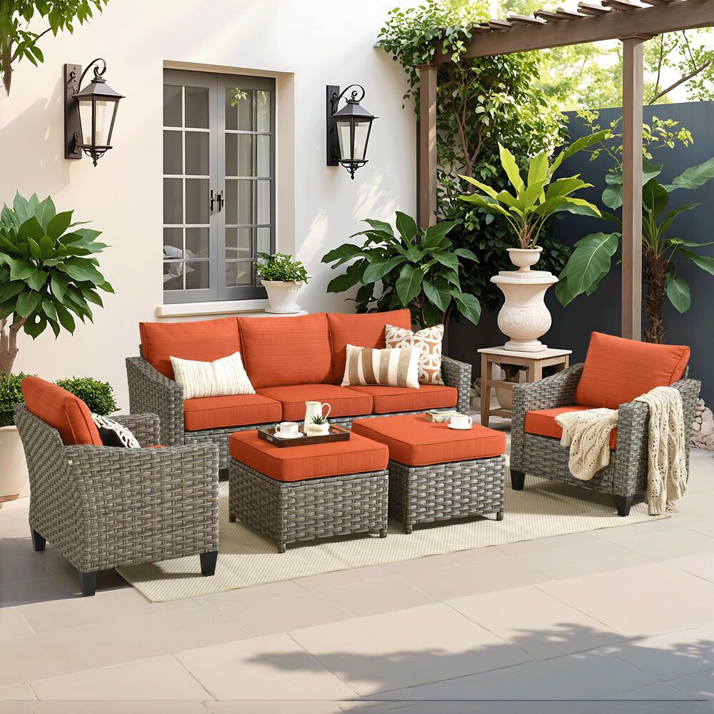 HOMLUX 5-Piece Outdoor Wicker Patio Furniture Set in Orange Red, , large