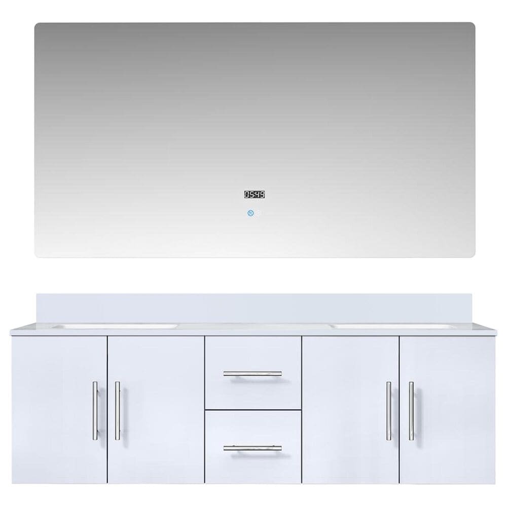Lexora Home Geneva 60&quot; Double Bathroom Vanity in Dark Grey with 2 cm White Cultured Marble Top, Rectangular Sinks and 60&quot; LED Mirror, , large