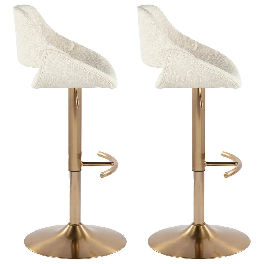 LumiSource Fabrico Swivel Adjustable Bar Stool with Cream Noise Fabric Upholstery and Rounded T Footrest in Gold (Set of 2), , large