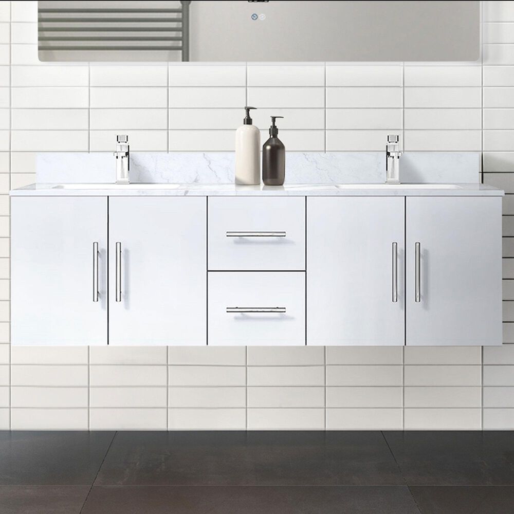 Lexora Home Geneva 60&quot; Double Bathroom Vanity in Glossy White with 2 cm White Carrara Marble Top and Rectangular Sinks, , large