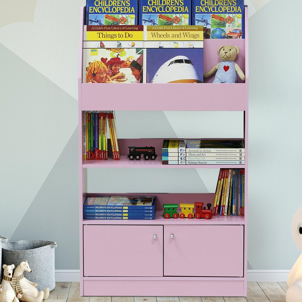 HOMLUX 4-Tier Space Saving Bookshelf with Storage Cabinet and Door in Pink, , large