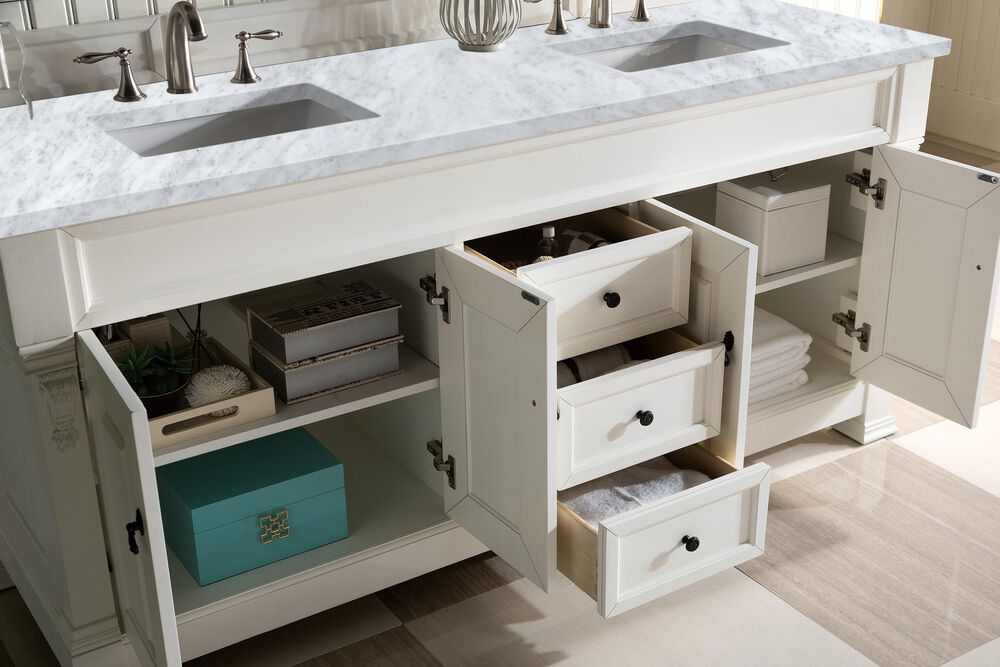 James Martin Vanities Brookfield 72&quot; Double Bathroom Vanity in Bright White with 3 cm Carrara White Marble Top and Rectangle Sinks, , large