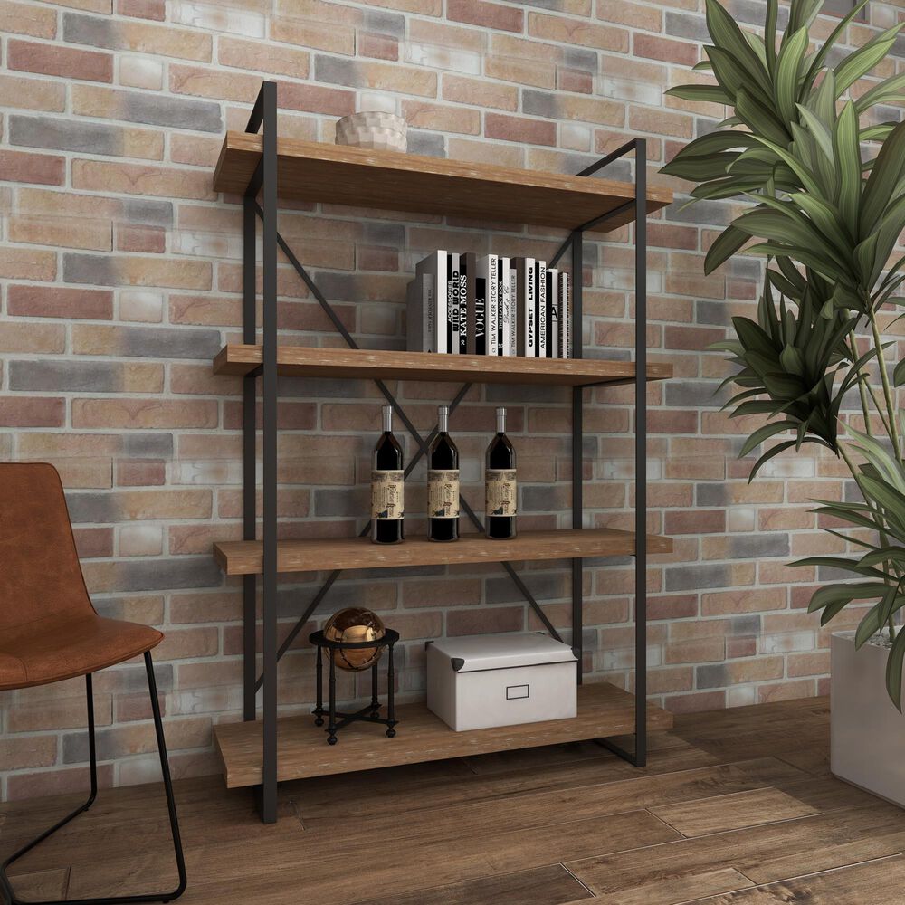 Maple and Jade 4-Shelf Industrial Shelving Unit in Rustic Distressed Brown and Black, , large