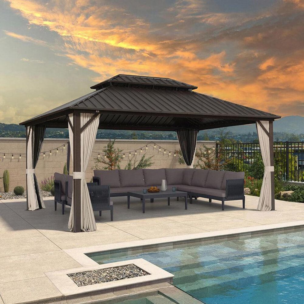 HOMLUX 12' x 16' Outdoor Hardtop Gazebo with Galvanized Steel Roof, Aluminum Frame, Curtains &amp; Netting in Brown, , large