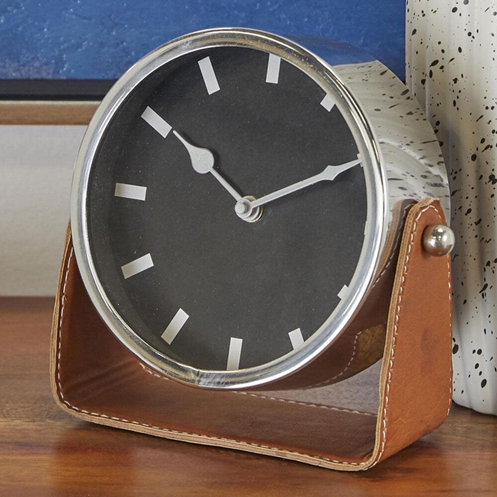 Maple and Jade Decorative Table Clock with Brown Leather Stand in Polished Gold, , large