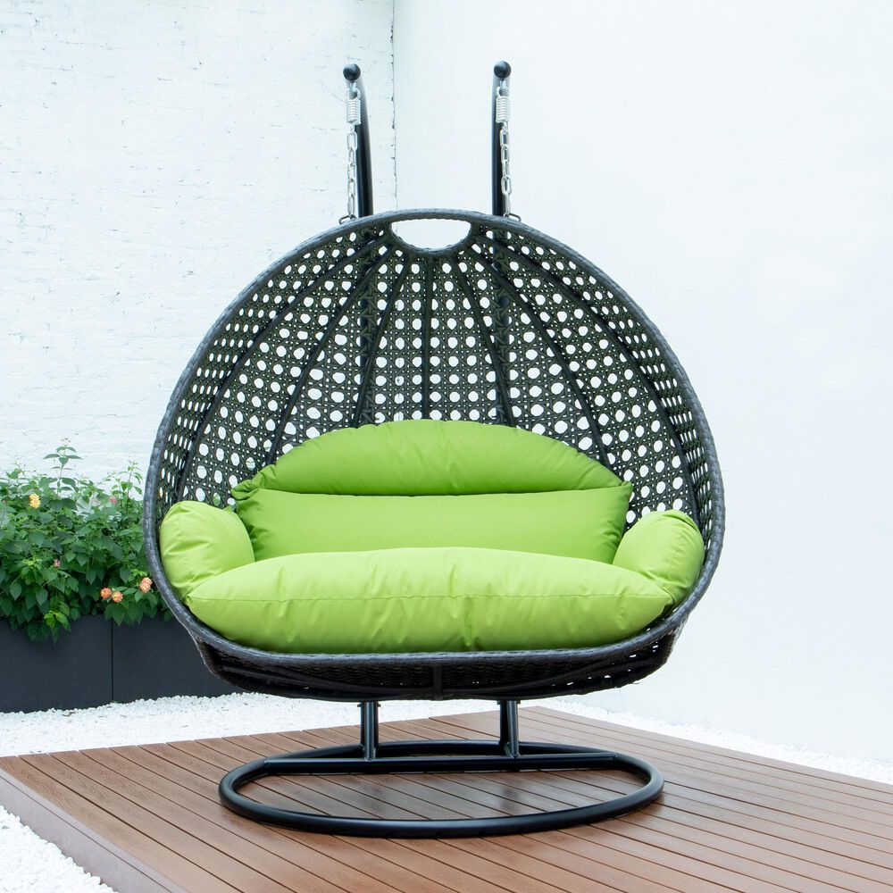 Leisuremod Patio 2-Seat Hanging Egg Swing Chair with Light Green Cushion in Charcoal, , large