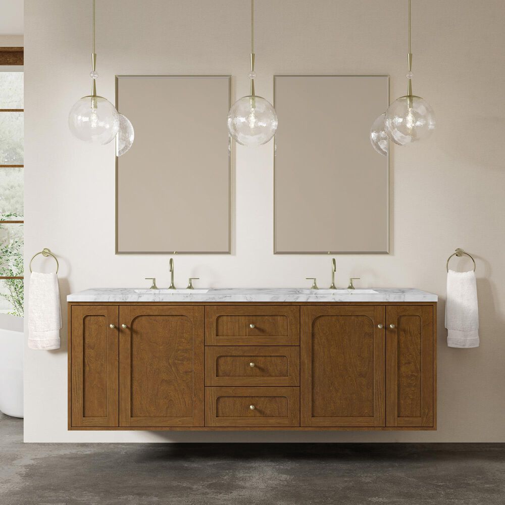 James Martin Laurent 72" Double Bathroom Vanity in Honey Oak with 3 cm Carrara Marble Top and Rectangular Sinks, , large