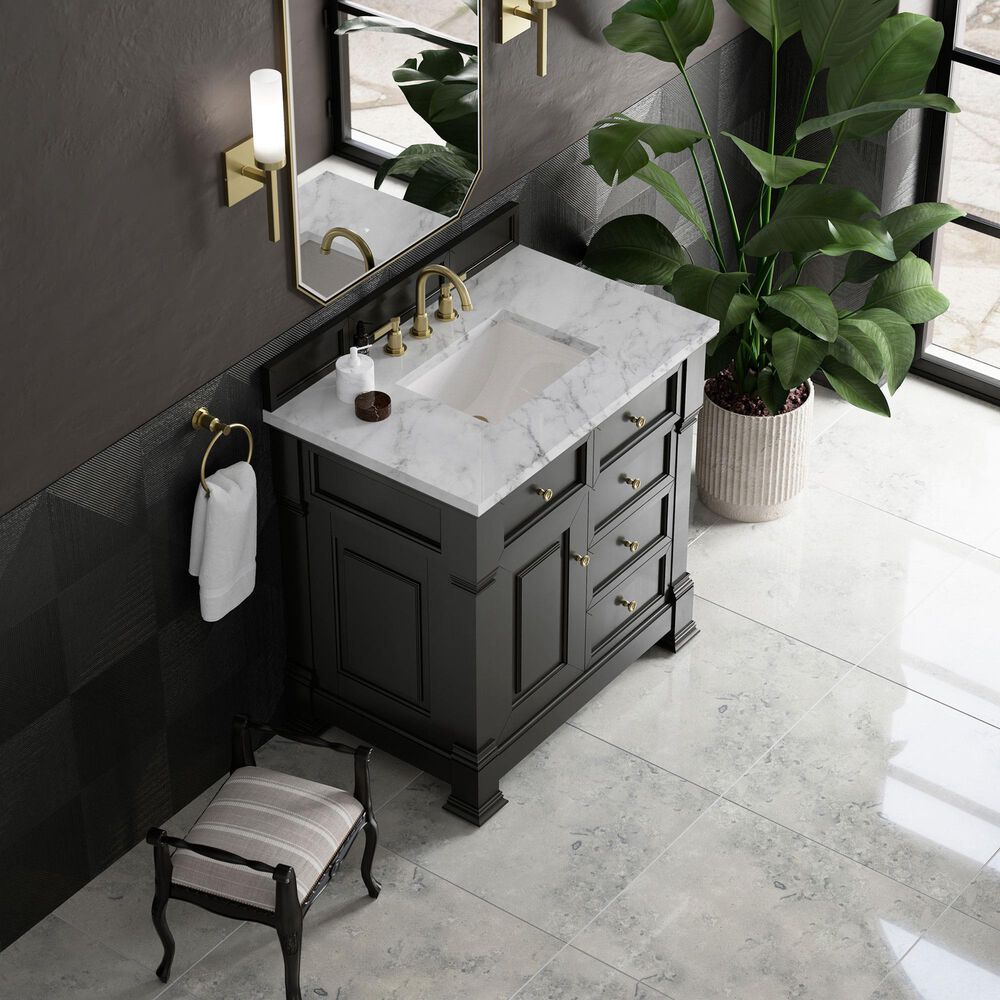 James Martin Vanities Brookfield 36&quot; Single Bathroom Vanity in Black Onyx with 3 cm Carrara White Marble Top and Rectangular Sink, , large