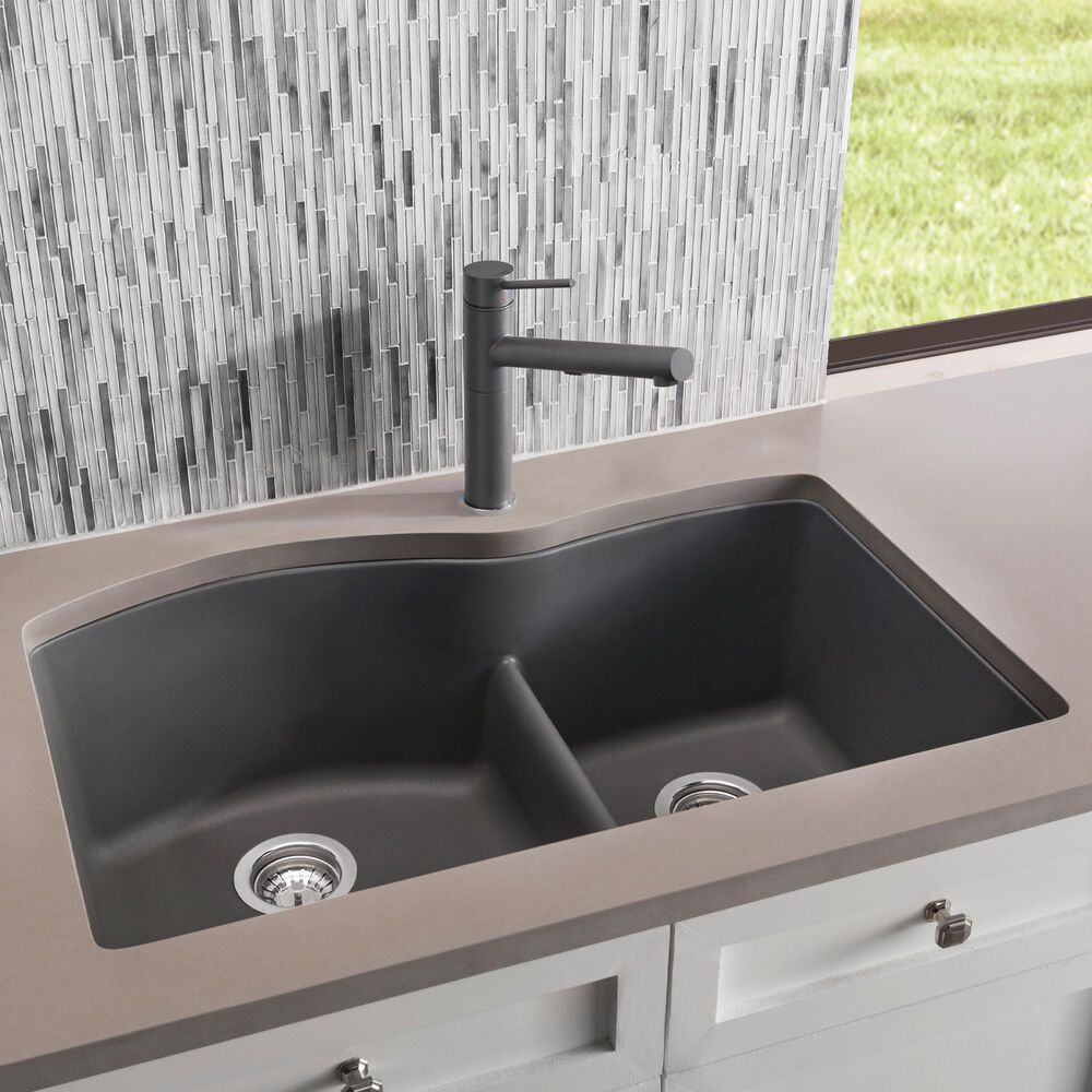 Blanco Diamond 32&quot; 1-3/4 Double Bowl Kitchen Sink with Low Divide in Cinder, , large