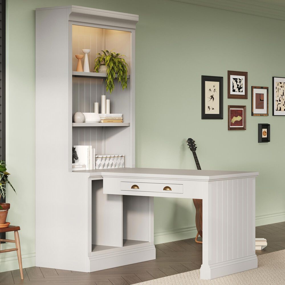 Hearth and Haven Writing Desk with Open Bookshelf and LED Lighting in White, , large
