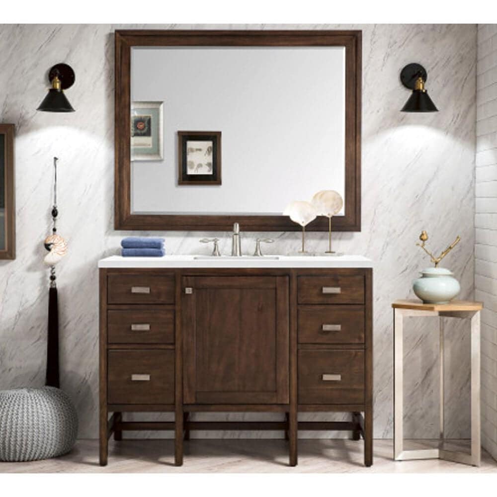James Martin Vanities Addison 48&quot; Single Bathroom Vanity in Mid Century Acacia with 3 cm White Zeus Quartz Top and Rectangular Sink, , large
