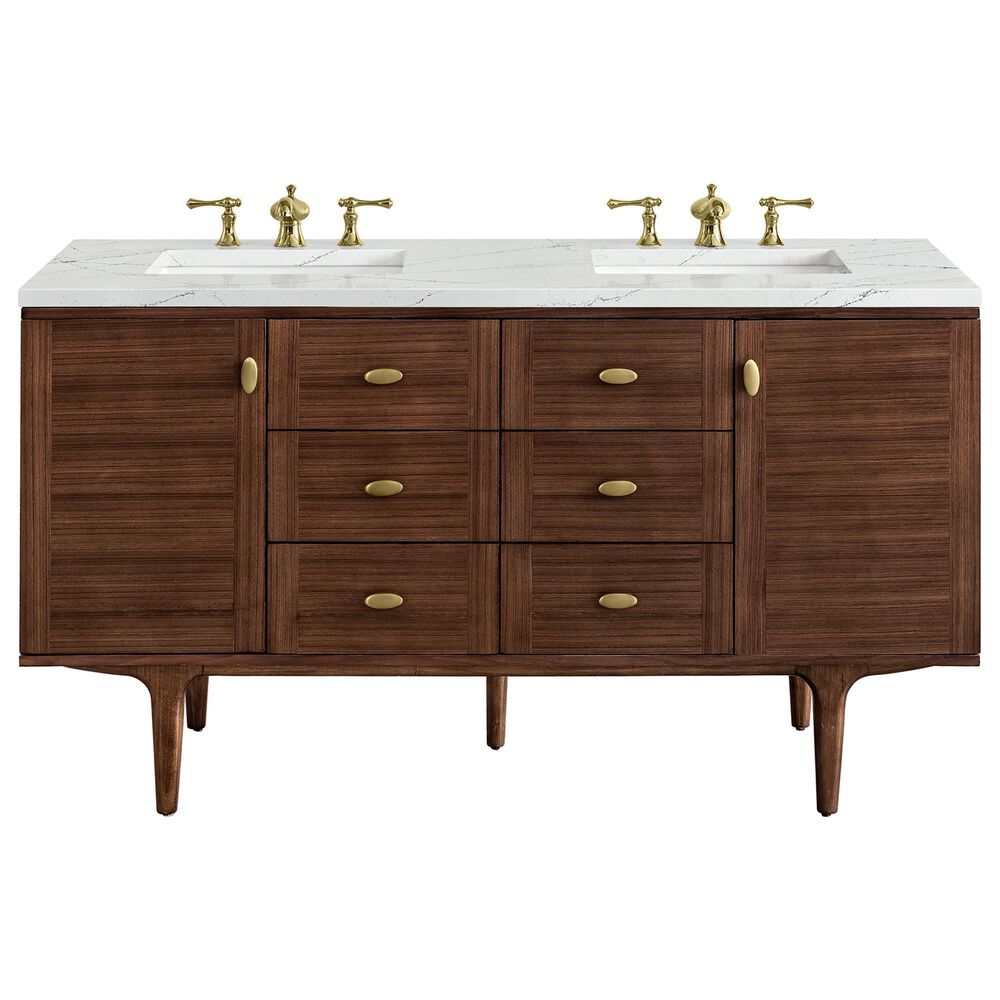 James Martin Vanities Amberly 60" Double Bathroom Vanity in Walnut with 3 cm Arctic Fall Solid Surface Top and Rectangular Sinks, , large