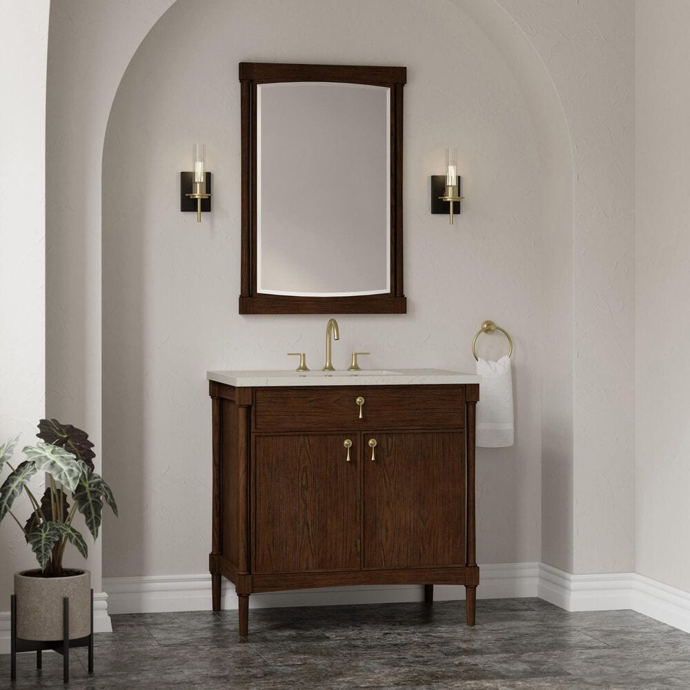 James Martin Kinnsden 36" Single Bathroom Vanity in Sable Oak with 3 cm Siberian Silestone Top and Rectangular Sink, , large