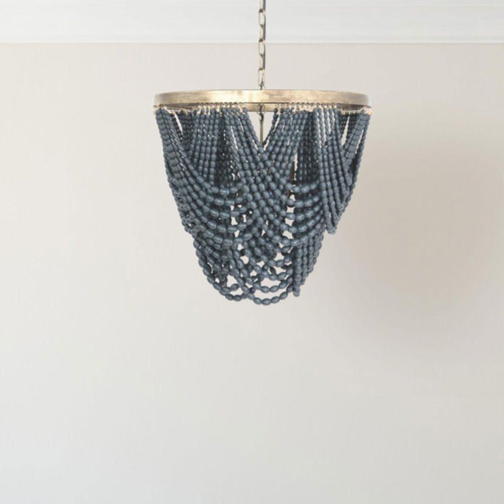 Creative Coop Laurel Draped Wood Bead Chandelier with Brushed Gold and Blue Shade, , large