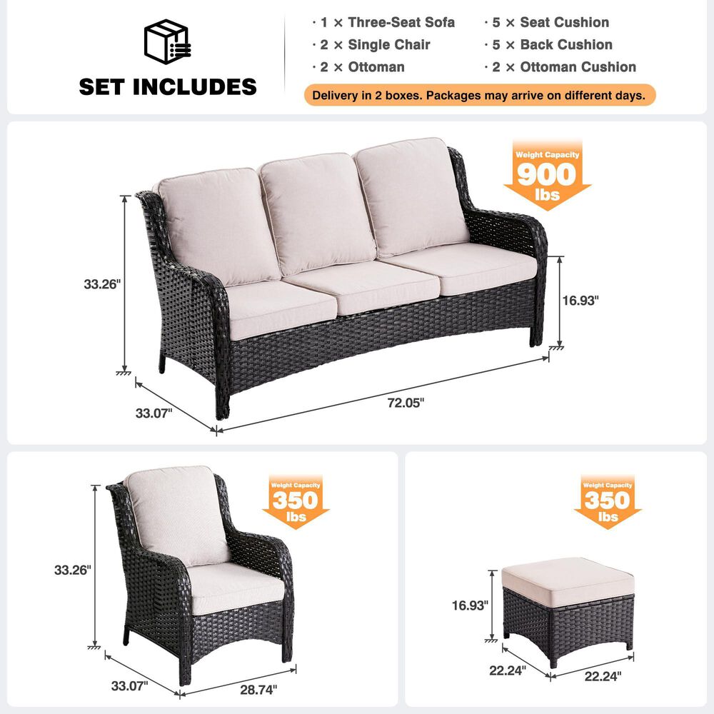 HOMLUX 5-Piece Patio Furniture Set with Chairs and Ottomans, High Back Outdoor Sofa Set, Brown Rattan in Beige, , large