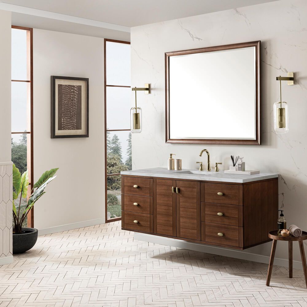 James Martin Vanities Amberly 60" Single Bathroom Vanity in Mid-Century Walnut with 3 cm Eternal Jasmine Pearl Silestone Top, Rectangular Sink and FreePower Wireless Charger, , large