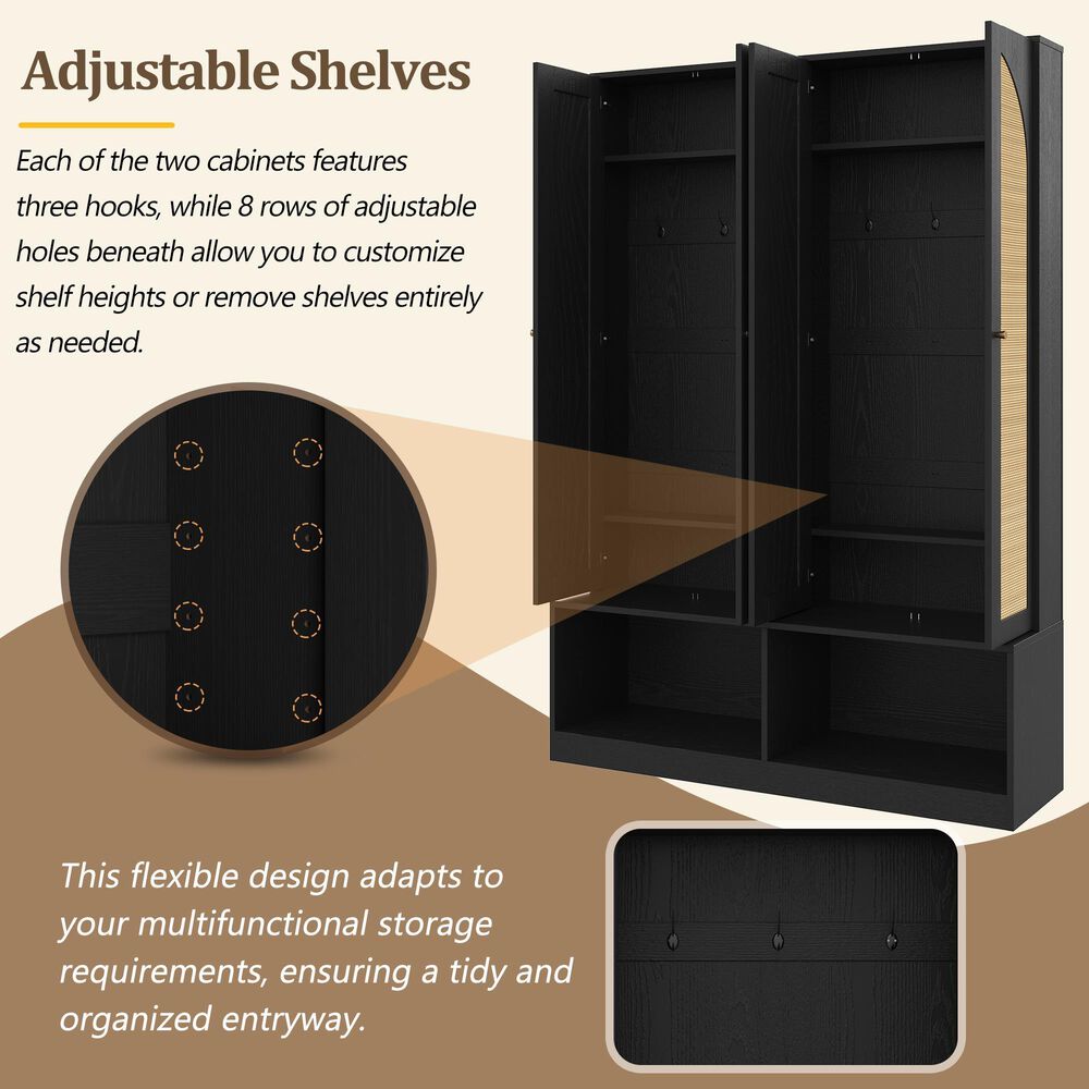 HOMLUX 6-Hook Hall Tree with 2-Rattan Doors in Black, , large