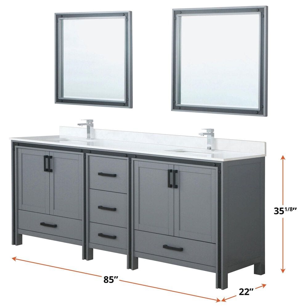 Lexora Home Ziva 84&quot; Double Bathroom Vanity in Dark Grey with 2 cm White Quartz Top and Rectangular Sinks, , large