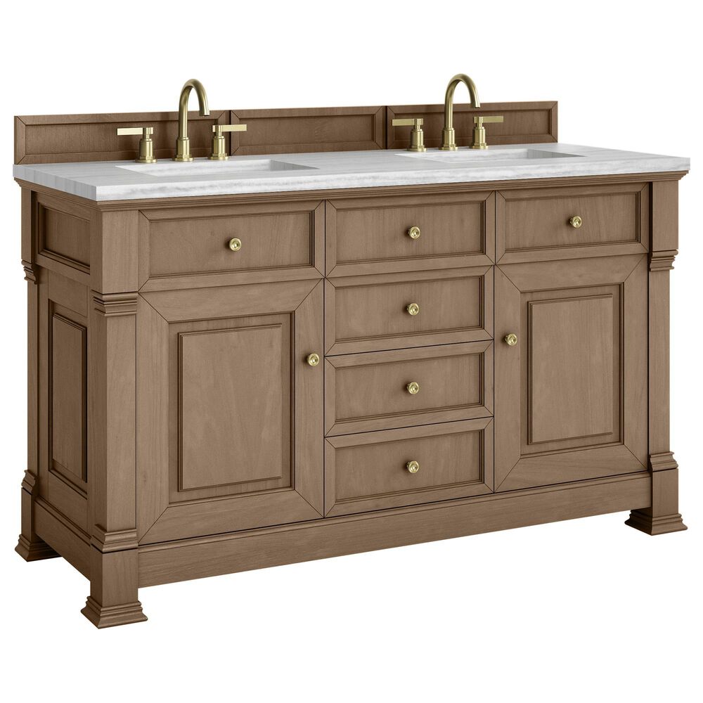 James Martin Vanities Brookfield 60" Double Bathroom Vanity in Pecan with 3 cm Arctic Fall Solid Surface Top and Rectangular Sinks, , large