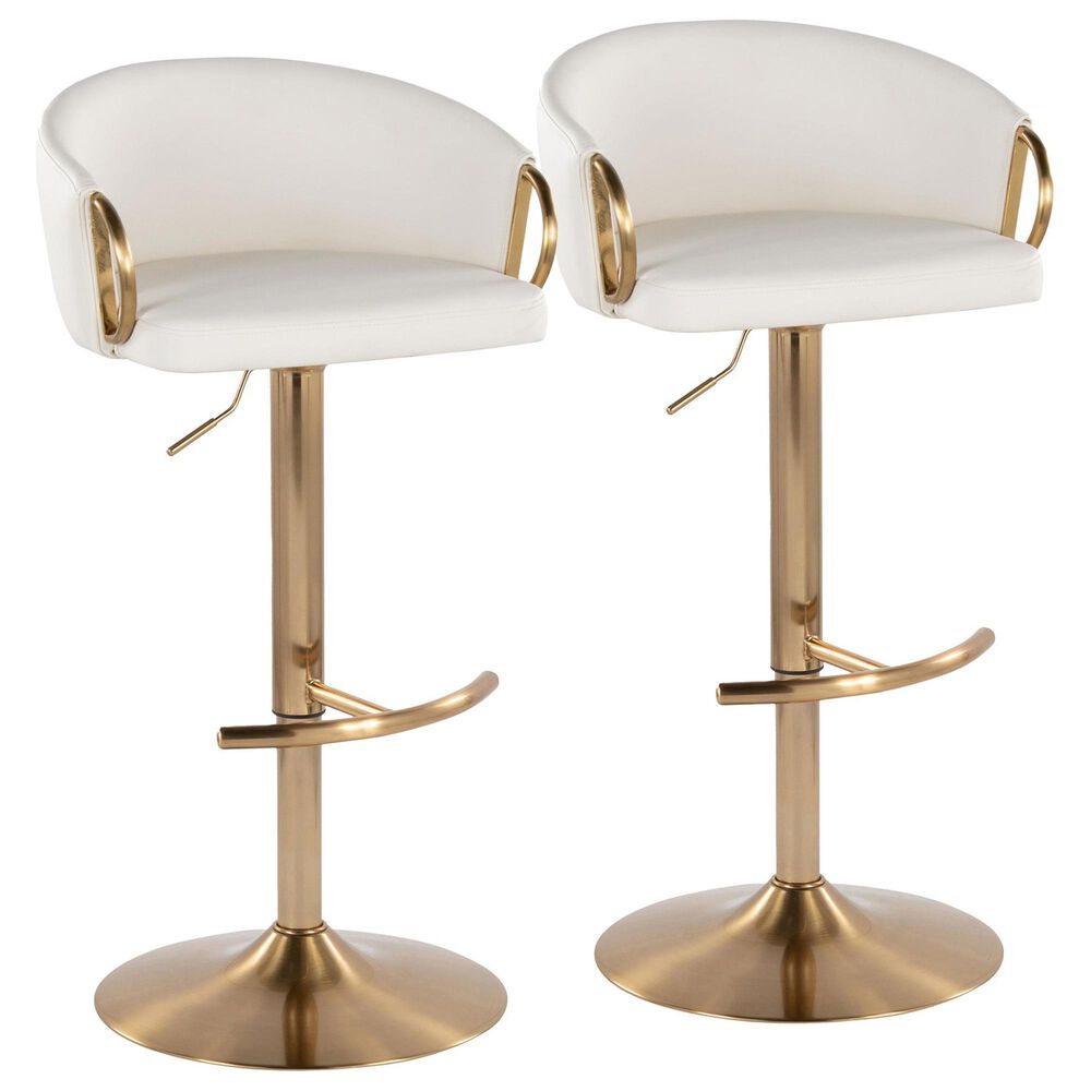 LumiSource Claire Swivel Adjustable Barstool with White Faux Leather Upholstery in Gold (Set of 2), , large