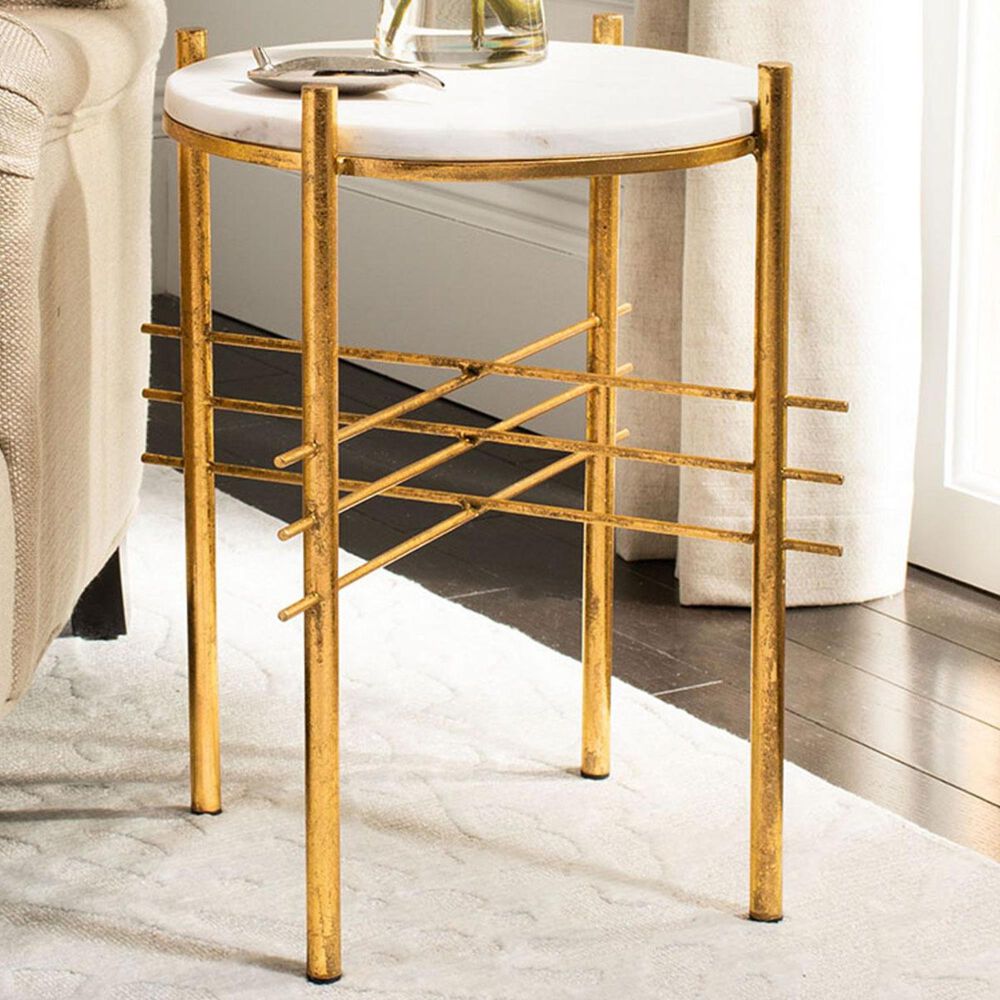 Safavieh Jenesis Round Accent Table in White Marble and Gold, , large
