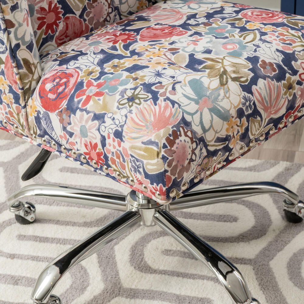Linon Home Decor Draper Office Chair with Navy Floral Cushion in Silver, , large