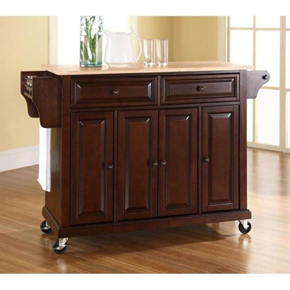 Crosley Furniture Natural Wood Top Kitchen Cart in Vintage Mahogany, , large