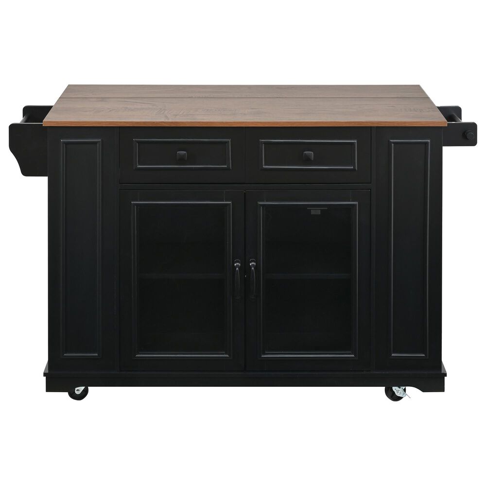HOMLUX 54" Mobile Kitchen Island with Glass Door Storage in Walnut and Black, , large