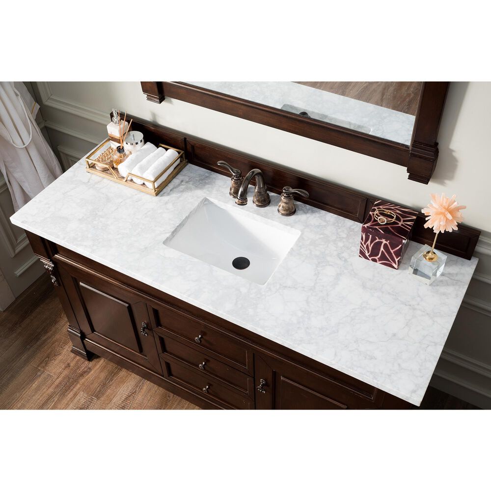 James Martin Vanities Brookfield 60&quot; Single Bathroom Vanity in Burnished Mahogany with 3 cm Carrara White Marble Top and Rectangle Sink, , large