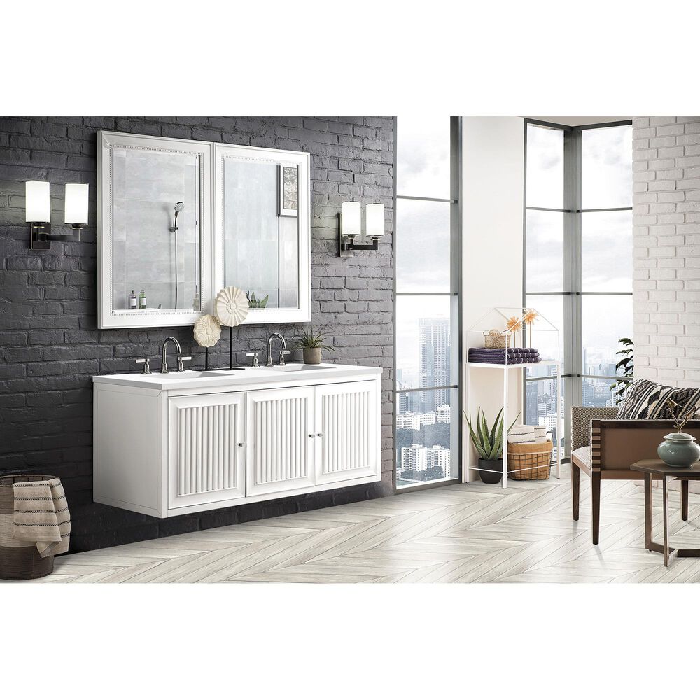 James Martin Vanities Athens 60" Single Bathroom Vanity in Glossy White with 3 cm White Zeus Quartz Top and Rectangular Sink, , large