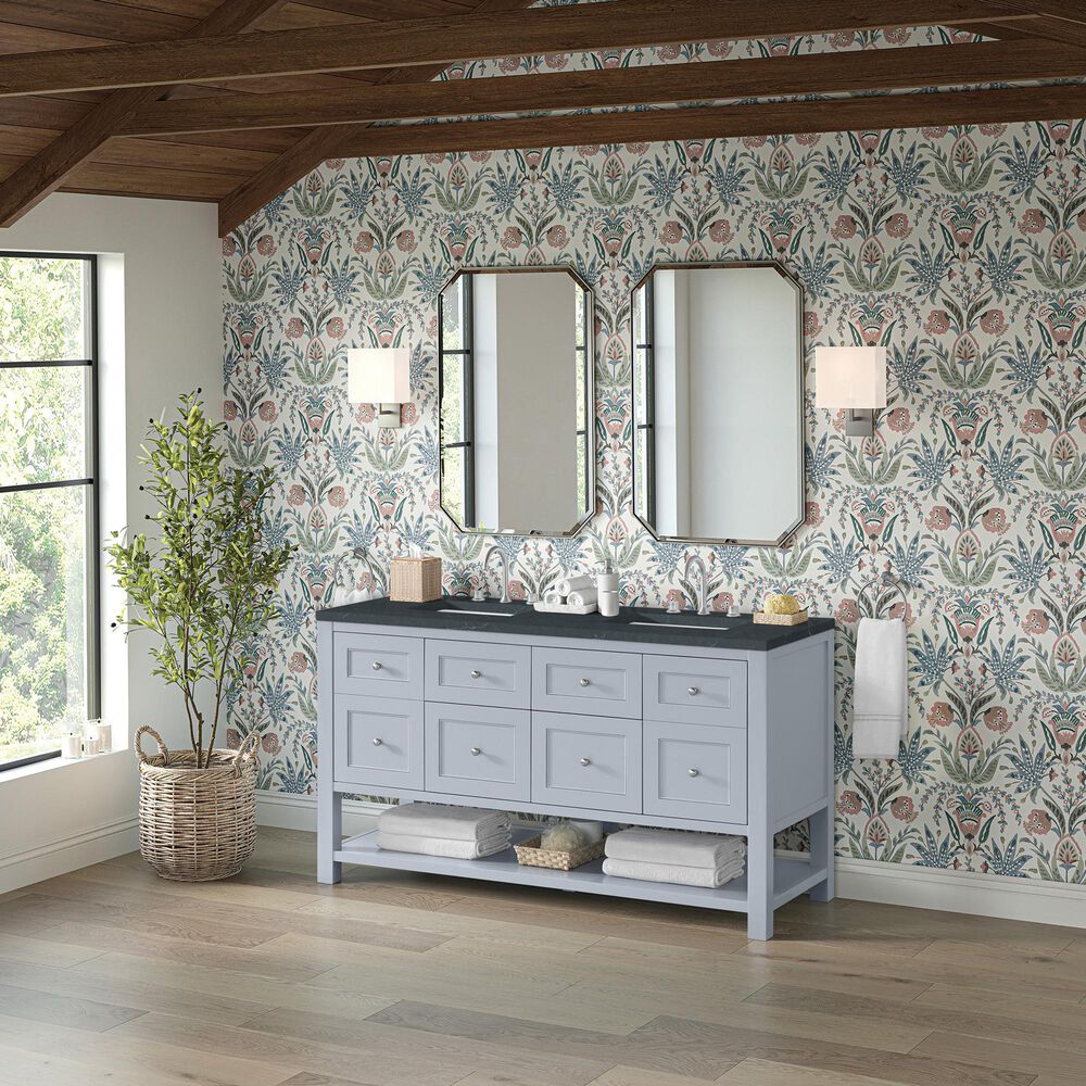 James Martin Vanities Breckenridge 60&quot; Double Bathroom Vanity in Serenity Blue with 3 cm Charcoal Soapstone Quartz Top and Rectangular Sinks, , large