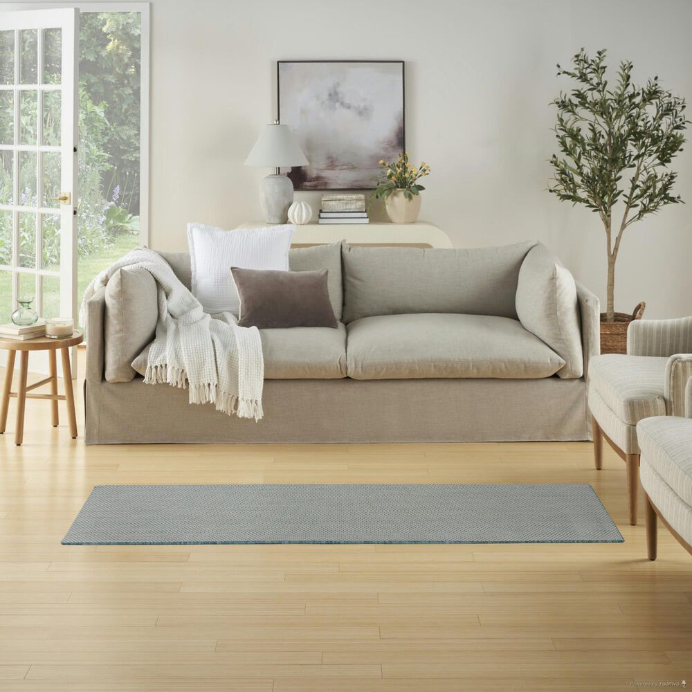 Nourison Courtyard Ivory and Aqua 2&#39; x 6&#39; Indoor/Outdoor Runner, , large