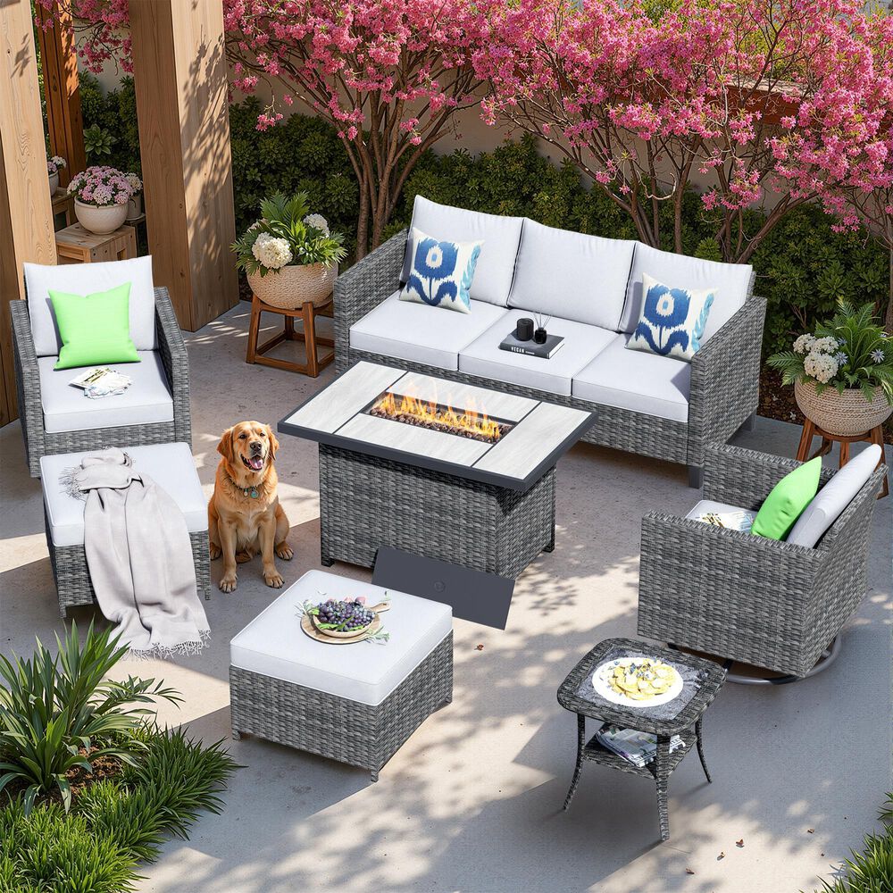 HOMLUX 7-Piece Patio Conversation Set with Rocking Chairs and Fire Pit Table in Grey, , large