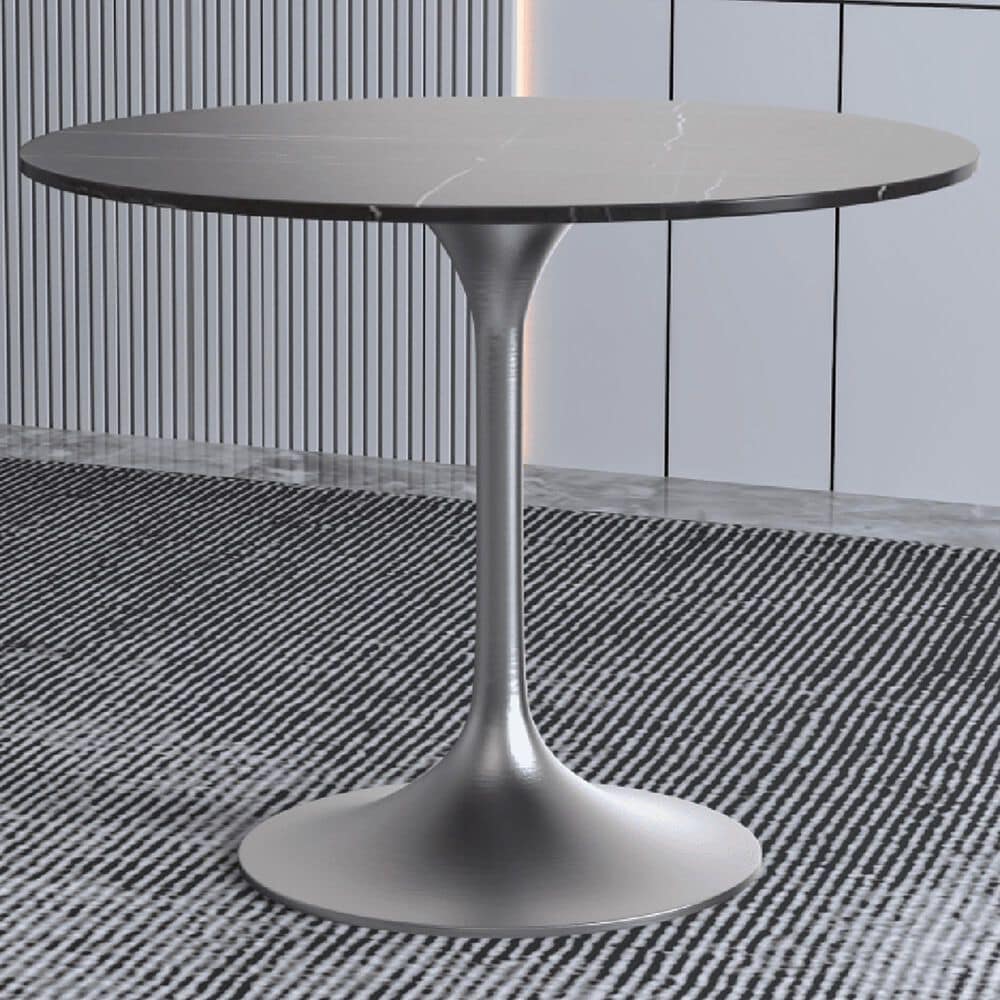 Leisuremod LeisureMod Verve Collection 36 Round Dining Table, Brushed Chrome Base with Sintered Stone Black Top, , large