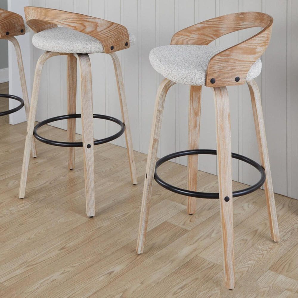 LumiSource Grotto 30" Swivel Barstool with Oat Upholstery in Whitewashed and Black (Set of 2), , large