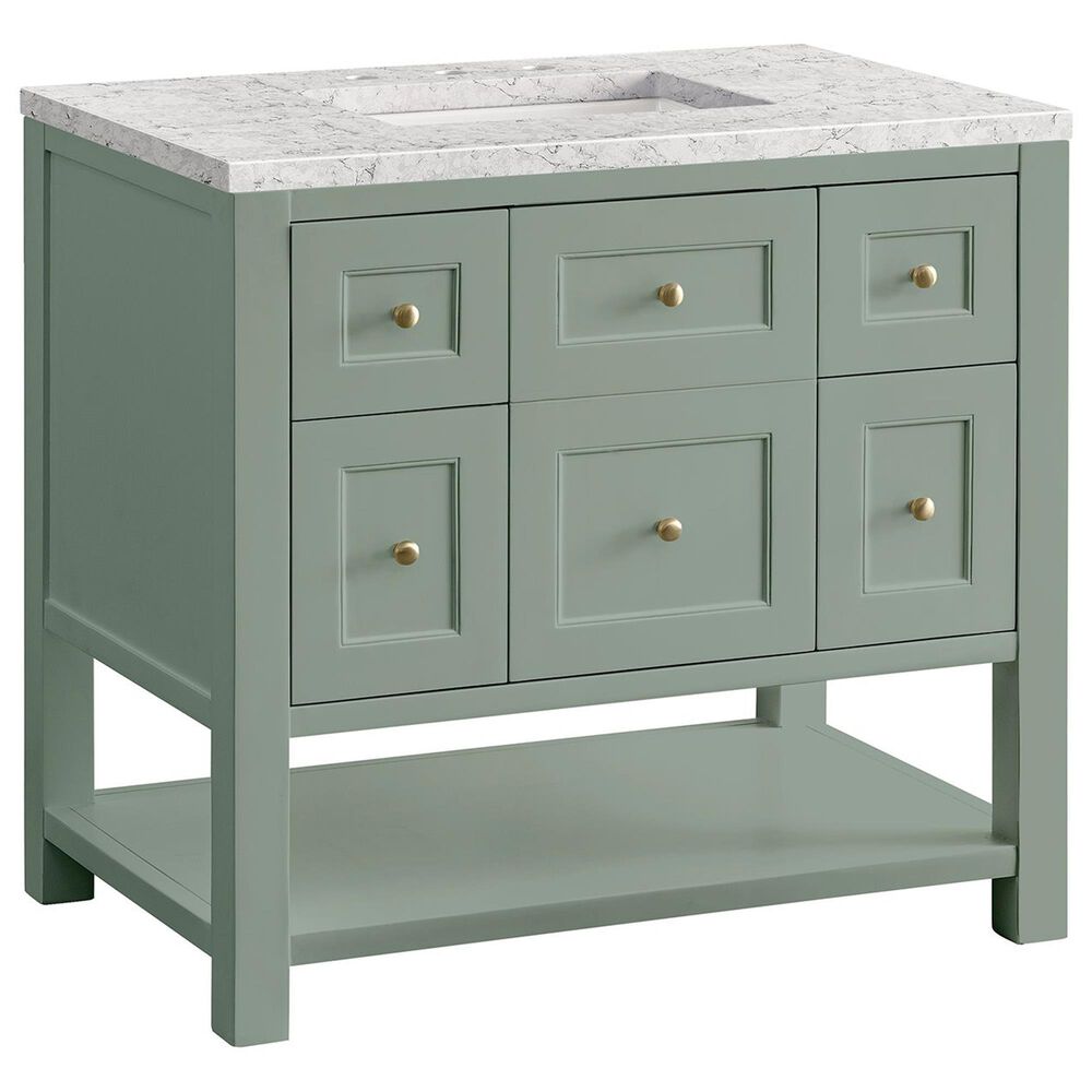 James Martin Vanities Breckenridge 36" Single Bathroom Vanity in Smokey Celadon with 3 cm Eternal Jasmine Pearl Quartz Top and Rectangular Sink, , large