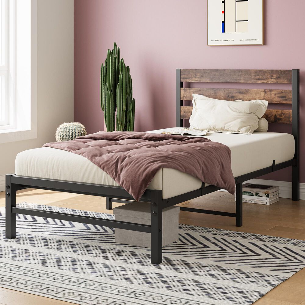 Hearth and Haven Twin Platform Bed with Slat Wood Headboard in Black and Rustic Brown, , large