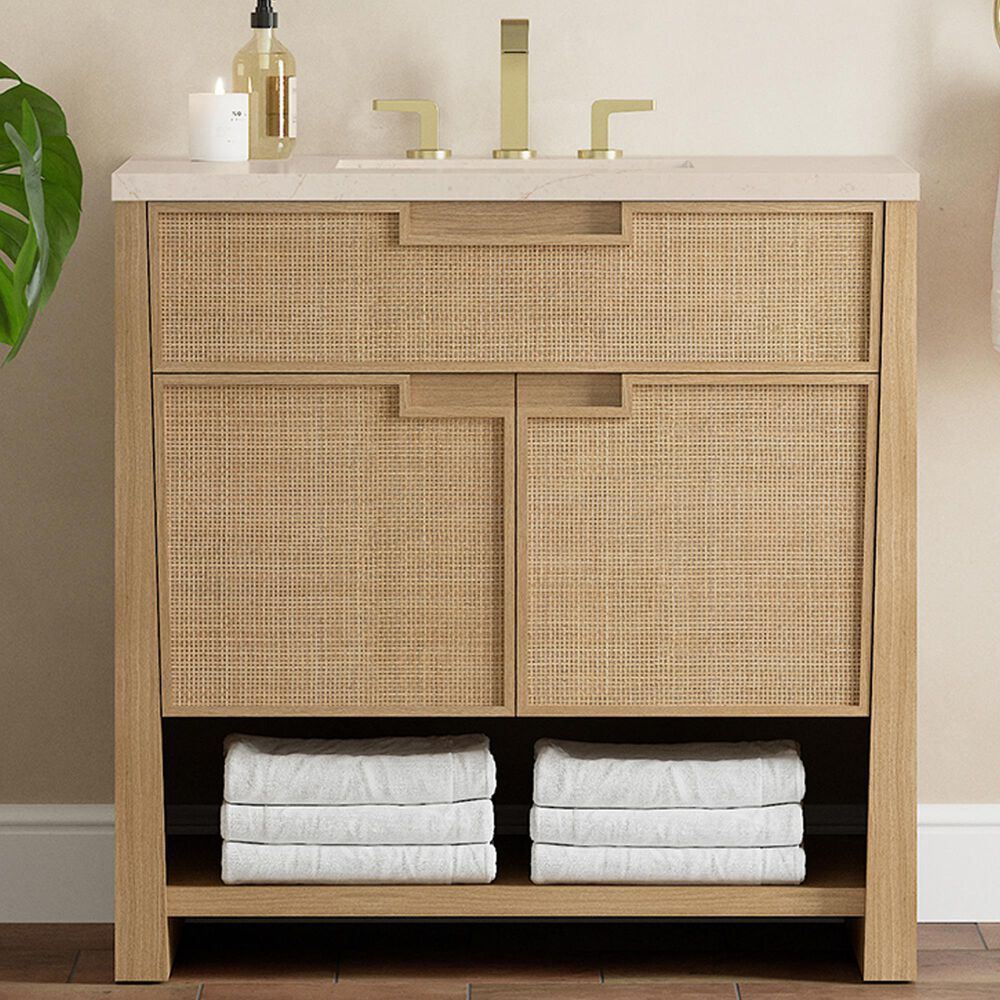 James Martin Vanities Solene 36&quot; Single Bathroom Vanity in Seaside Oak with 3 cm Eternal Marfil Quartz Top and Rectangular Sink, , large