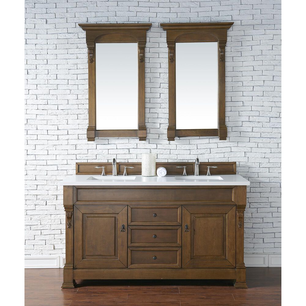 James Martin Vanities Brookfield 60&quot; Double Bathroom Vanity in Country Oak with 3 cm White Zeus Quartz Top and Rectangular Sinks, , large