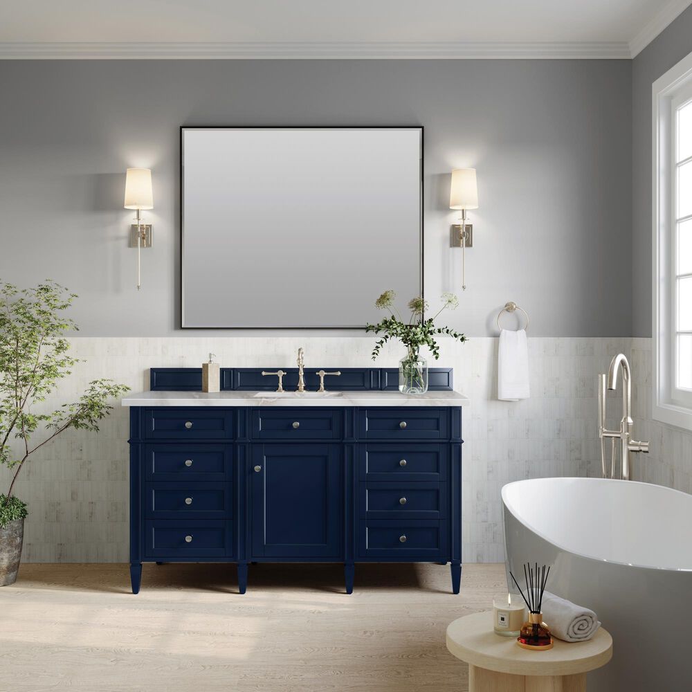 James Martin Vanities Brittany 60" Single Bathroom Vanity in Victory Blue with 3 cm Eternal Jasmine Pearl Silestone Top, Rectangular Sink and FreePower Wireless Charger, , large