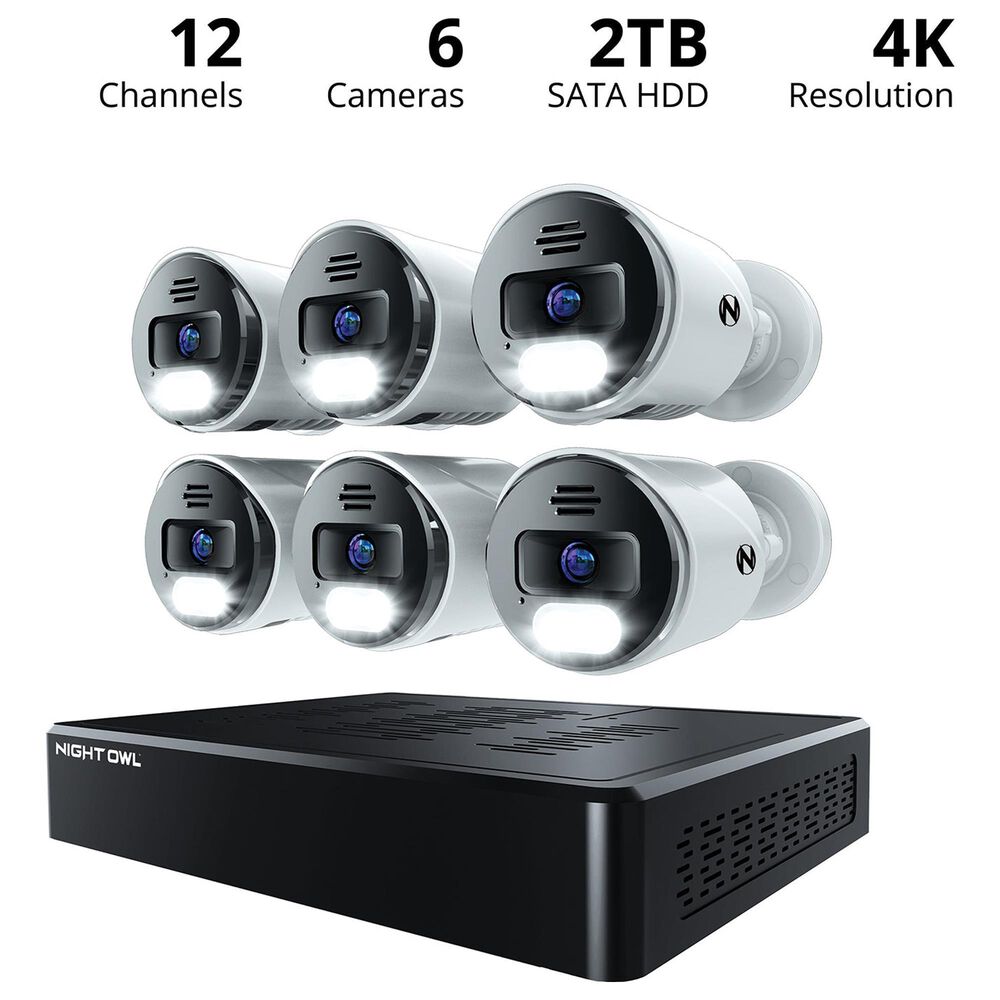 Night Owl 12-Channel Smart NVR Security System with 2TB Hard Drive and 6 Wired IP 4K Deterrence Cameras in Black and White, , large