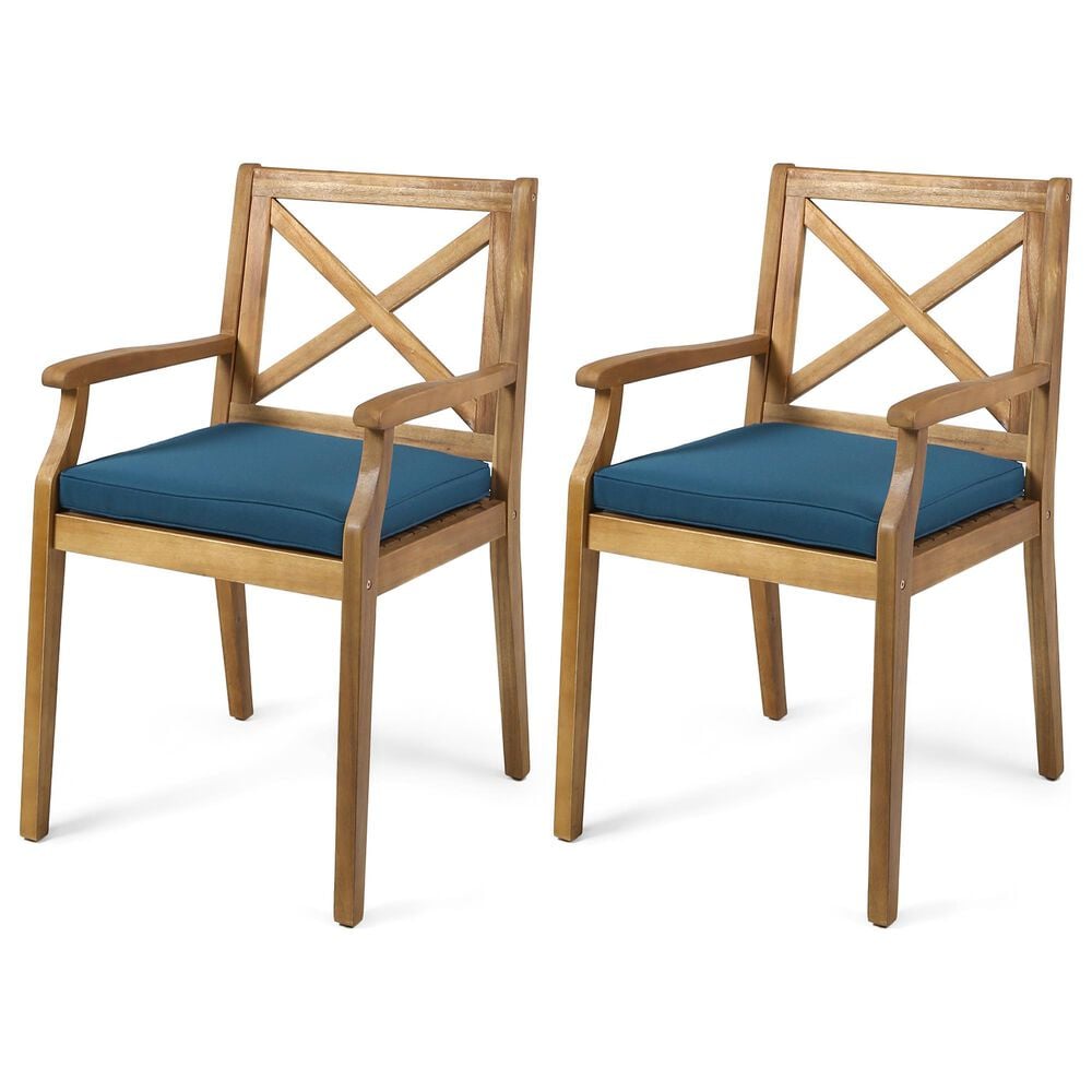 Hearth and Haven Perla Patio Dining Chair with Blue Cushions in Teak (Set of 2), , large