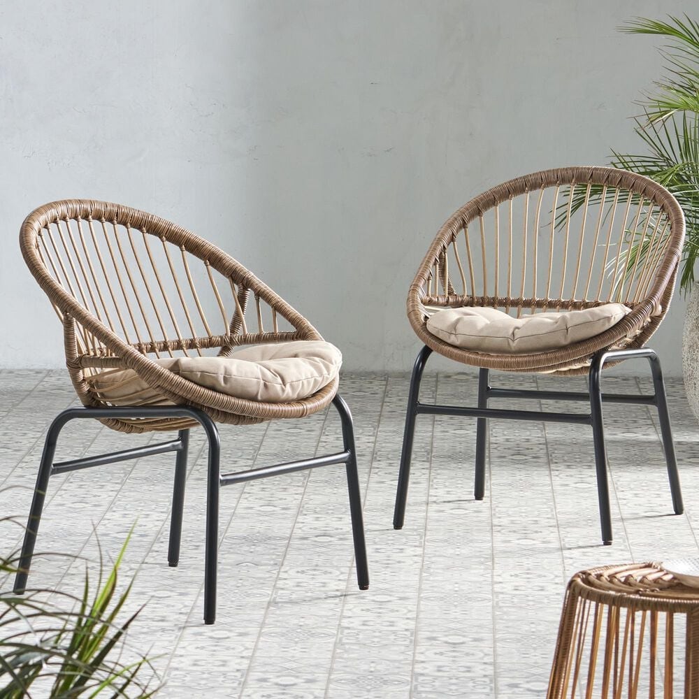 Hearth and Haven Edgar Outdoor Dining Chair with Beige Cushions in Brown &#40;Set of 2&#41;, , large