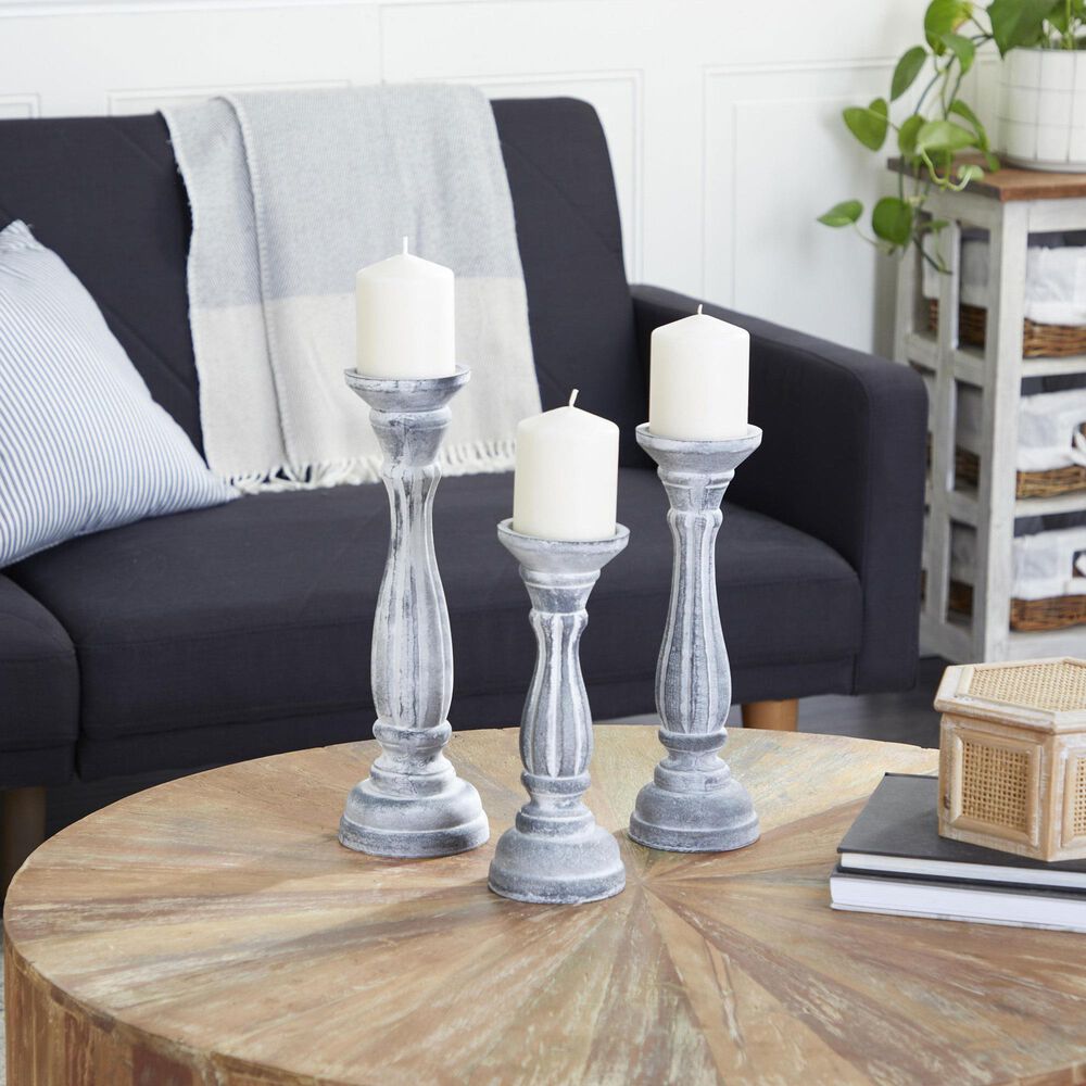 Maple and Jade Turned Pillar Decorative Candle Holder in Washed Gray and Black &#40;Set of 3&#41;, , large